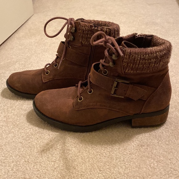 Skechers Dome Brown Combat Boots Size 9.5 Sweater Cuff Faux Leather - Picture 5 of 10